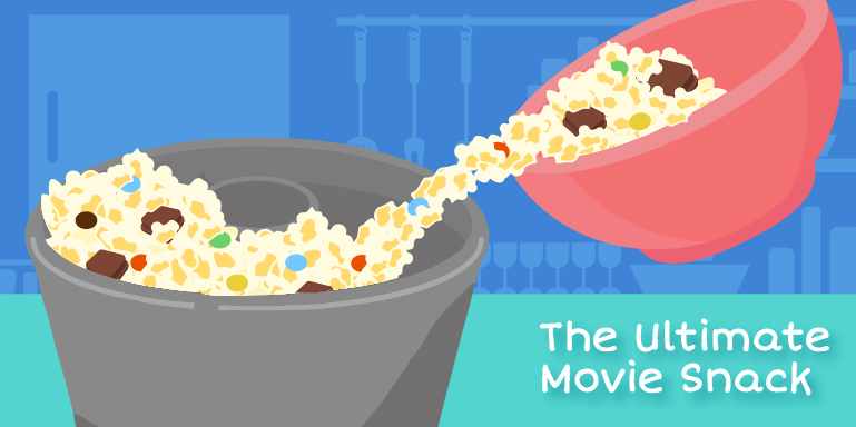 Grey and light red bowls filled with popcorn and assorted candy. 'The Ultimate Movie Snack'.