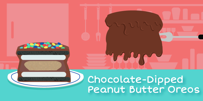 A plate with a sliced chocolate-dipped peanut butter oreo with colorful candy sprinkled on top.