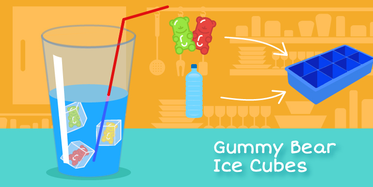A glass of water with 3 gummy bear ice cubes. A red and green gummy bear, water bottle, and ice cube try. 'Gummy Bear Ice Cubes' image recipe.