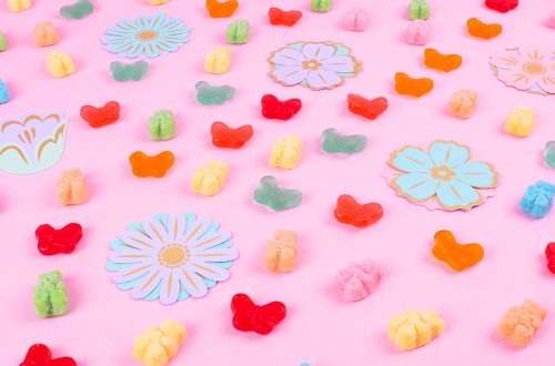 Candy Club Gummy Butterflies and Blossom Bears arranged in a spring time pattern