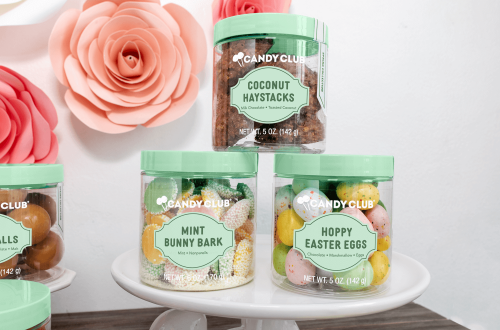 Spring and Easter Candy from Candy Club: Coconut Haystacks, Mint Bunny Bark, and Hoppy Easter Eggs.